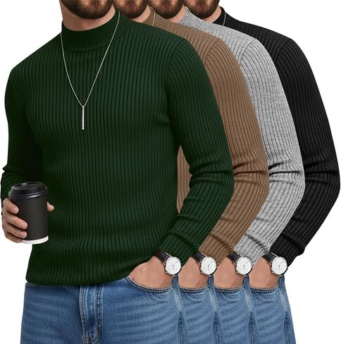 4 Pack Men's Mock Turtleneck T-Shirts Cotton Ribbed Knitted Long Sleeve Pullover Slim Fit Casual Basic Sweaters(Dark Green, Coffee, Gray, Black,Large) in Saudi Arabia