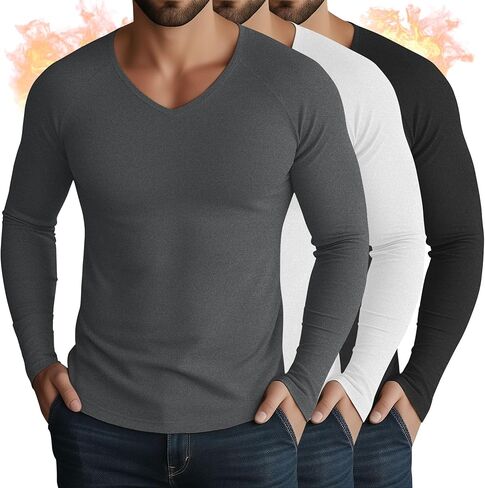 3 Pack Men's Thermal Shirts Big and Tall Fleece Lined Long Sleeve V Neck Base Layer Raglan Curved Hem Warm Tops in Saudi Arabia