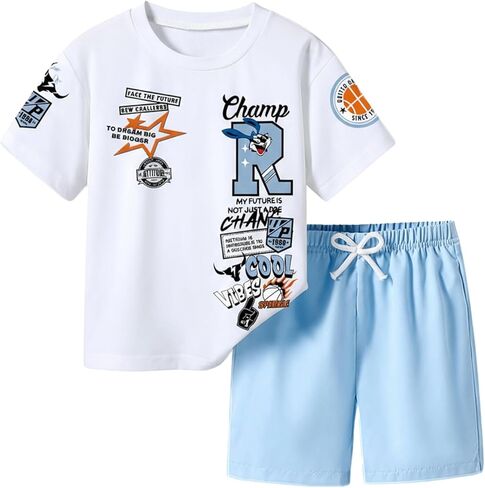 Boy's 2 Piece Cute Outfits Short Sleeve Graphic Tees and Casual Shorts Teen Boy Clothes in Saudi Arabia