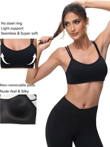 Yoga Sports Workout Bras for Women Seamless Molded Cup Spaghetti Double Strap Bra Wirefree Scoop Neck Tank Top Bras in Kuwait