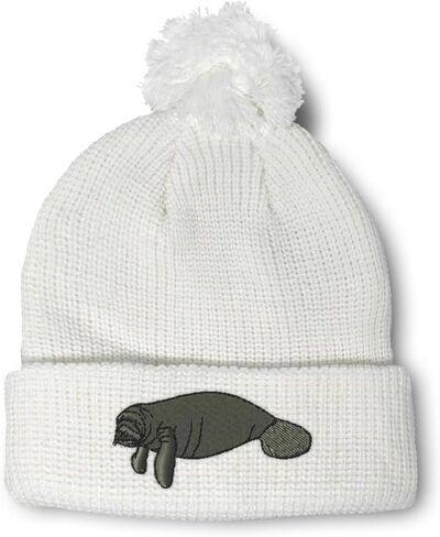 Speedy Pros Pom Pom Beanies for Women Manatee Embroidery Skull Cap Winter Hats for Men Acrylic One Size in Saudi Arabia