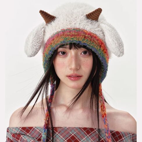 Lamb Horn Plush Hat,Fleece Animal Hat with Ears Call,Fleece Warm Winter Cosplay Dress Gift for Kids Teens Adults in Saudi Arabia