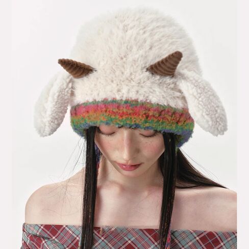 Lamb Horn Plush Hat,Fleece Animal Hat with Ears Call,Fleece Warm Winter Cosplay Dress Gift for Kids Teens Adults in Saudi Arabia