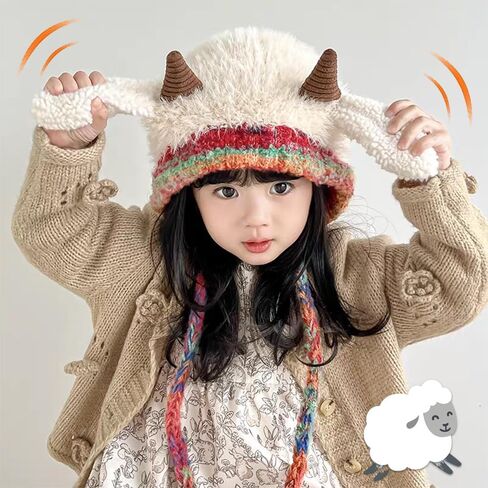 Lamb Horn Plush Hat,Fleece Animal Hat with Ears Call,Fleece Warm Winter Cosplay Dress Gift for Kids Teens Adults in Saudi Arabia