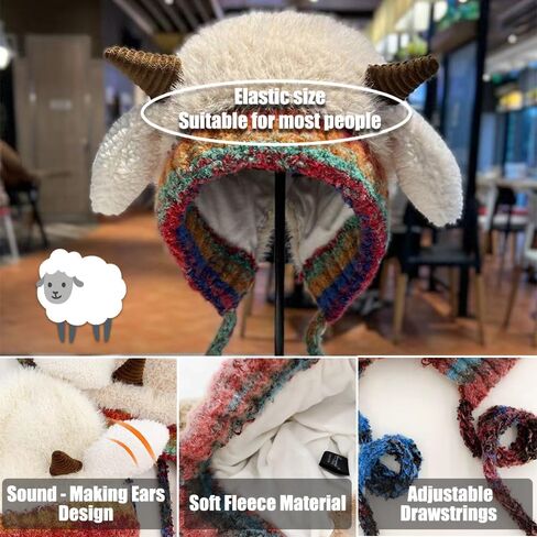 Lamb Horn Plush Hat,Fleece Animal Hat with Ears Call,Fleece Warm Winter Cosplay Dress Gift for Kids Teens Adults in Saudi Arabia