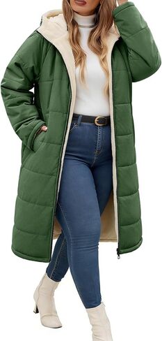 Yusongirl Women Plus Size Winter Coat Mid Length Hoody with Zip Up Fleece, Stylish Windproof Ribbed Cuffs, Warm Sherpa Lining in Saudi Arabia