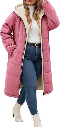 Yusongirl Women Plus Size Winter Coat Mid Length Hoody with Zip Up Fleece, Stylish Windproof Ribbed Cuffs, Warm Sherpa Lining in Saudi Arabia