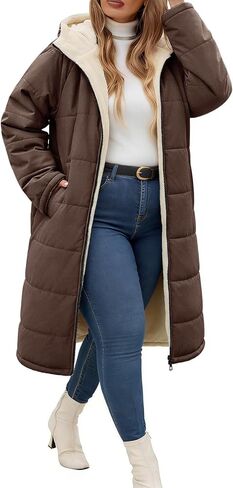 Yusongirl Women Plus Size Winter Coat Mid Length Hoody with Zip Up Fleece, Stylish Windproof Ribbed Cuffs, Warm Sherpa Lining in Saudi Arabia