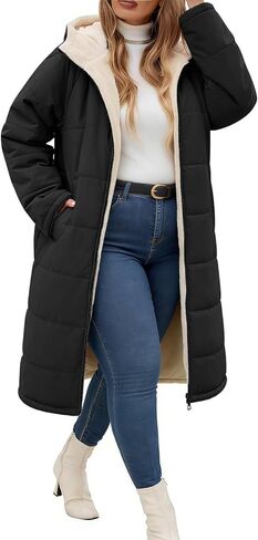 معطف شتوي نسائي مقاس كبير من Yusongirl هودي متوسط ​​الطول مع سحاب من الصوف، أساور مضلعة أنيقة مقاومة للرياح، بطانة شيربا دافئة in Kuwait
