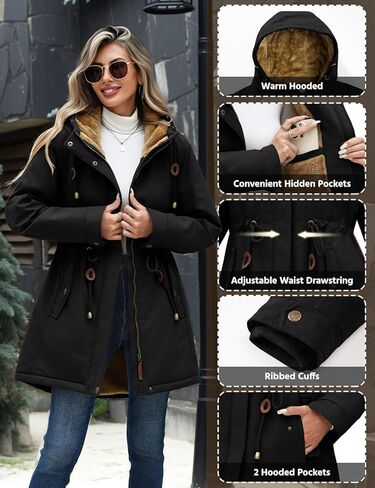 سترة Yusongirl Parka للسيدات مقاومة للماء ومبطنة بالصوف ومعطف شتوي دافئ مع جيوب للتنقل اليومي والخارجي in Kuwait