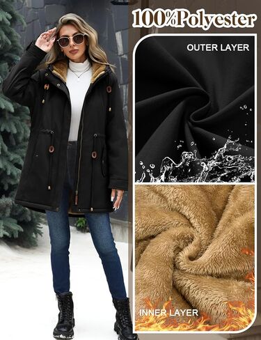 سترة Yusongirl Parka للسيدات مقاومة للماء ومبطنة بالصوف ومعطف شتوي دافئ مع جيوب للتنقل اليومي والخارجي in Kuwait