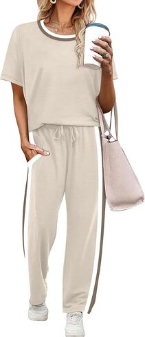 WIHOLL 2 Piece Lounge Sets for Women Matching Set Summer Outfits Short Sleeve Tops Wide Leg Pants with Pockets in Saudi Arabia