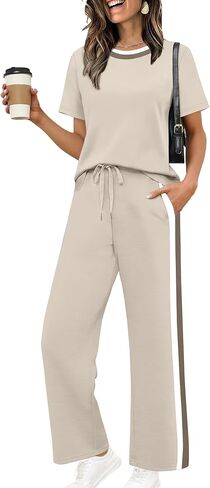 WIHOLL 2 Piece Lounge Sets for Women Matching Set Summer Outfits Short Sleeve Tops Wide Leg Pants with Pockets in Saudi Arabia