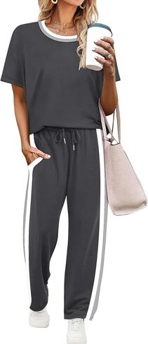 WIHOLL 2 Piece Lounge Sets for Women Matching Set Summer Outfits Short Sleeve Tops Wide Leg Pants with Pockets in Saudi Arabia