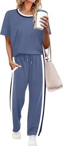 WIHOLL 2 Piece Lounge Sets for Women Matching Set Summer Outfits Short Sleeve Tops Wide Leg Pants with Pockets in Saudi Arabia
