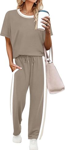 WIHOLL 2 Piece Lounge Sets for Women Matching Set Summer Outfits Short Sleeve Tops Wide Leg Pants with Pockets in Saudi Arabia