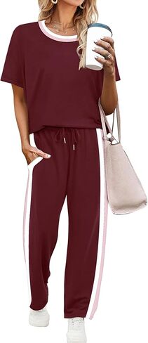 WIHOLL 2 Piece Lounge Sets for Women Matching Set Summer Outfits Short Sleeve Tops Wide Leg Pants with Pockets in Saudi Arabia