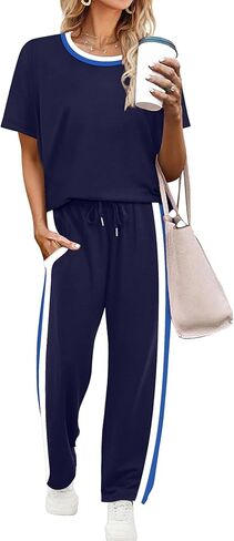 WIHOLL 2 Piece Lounge Sets for Women Matching Set Summer Outfits Short Sleeve Tops Wide Leg Pants with Pockets in Saudi Arabia