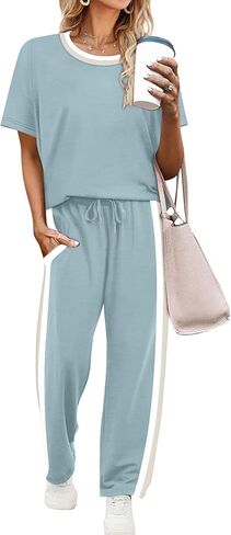 WIHOLL 2 Piece Lounge Sets for Women Matching Set Summer Outfits Short Sleeve Tops Wide Leg Pants with Pockets in Saudi Arabia