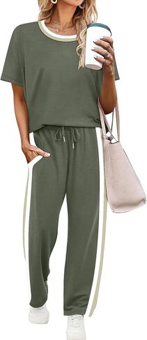 WIHOLL 2 Piece Lounge Sets for Women Matching Set Summer Outfits Short Sleeve Tops Wide Leg Pants with Pockets in Saudi Arabia