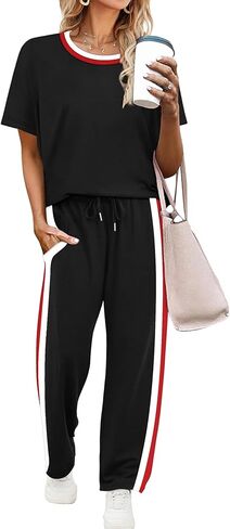 WIHOLL 2 Piece Lounge Sets for Women Matching Set Summer Outfits Short Sleeve Tops Wide Leg Pants with Pockets in Saudi Arabia