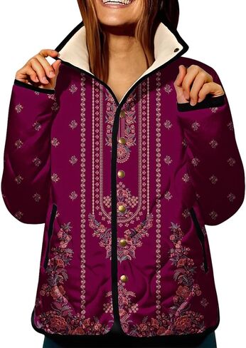XS-5XL Quilted Jacket For Women,Plus Size Ladies Boho Vintage Pattern Snap Padded Coat With Pockets Winter 2025 in Saudi Arabia