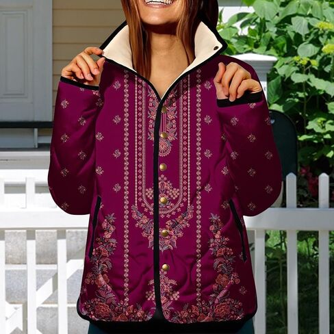 XS-5XL Quilted Jacket For Women,Plus Size Ladies Boho Vintage Pattern Snap Padded Coat With Pockets Winter 2025 in Saudi Arabia