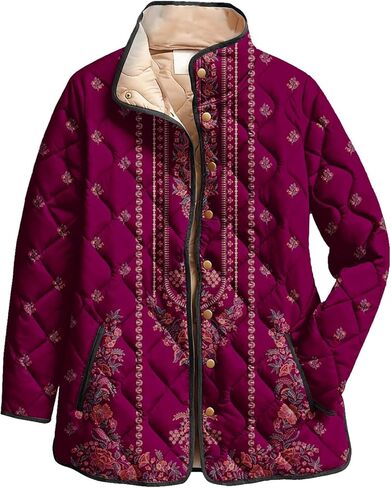 XS-5XL Quilted Jacket For Women,Plus Size Ladies Boho Vintage Pattern Snap Padded Coat With Pockets Winter 2025 in Saudi Arabia