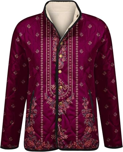 XS-5XL Quilted Jacket For Women,Plus Size Ladies Boho Vintage Pattern Snap Padded Coat With Pockets Winter 2025 in Saudi Arabia