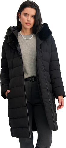 TAHARI womens Mid-length Quilted Puffer Coat With Attached Hood, Faux Fur Trim, Velvet Bib & Zipper Closure in Saudi Arabia