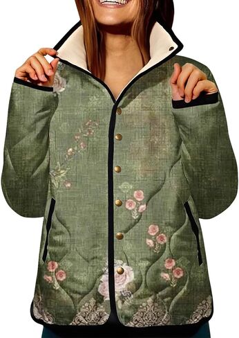 XS-5XL Quilted Jacket For Women,Plus Size Ladies Boho Vintage Pattern Snap Padded Coat With Pockets Winter 2025 in Saudi Arabia