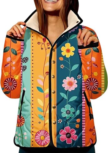 XS-5XL Quilted Jacket For Women,Plus Size Ladies Boho Vintage Pattern Snap Padded Coat With Pockets Winter 2025 in Saudi Arabia