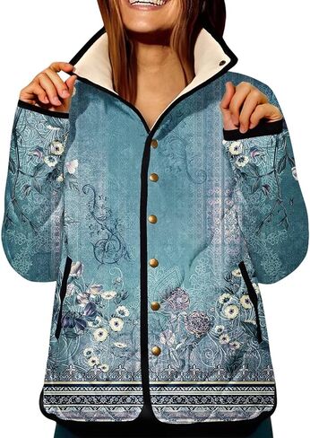 XS-5XL Quilted Jacket For Women,Plus Size Ladies Boho Vintage Pattern Snap Padded Coat With Pockets Winter 2025 in Saudi Arabia