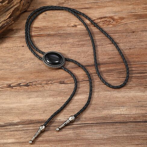 YWMAN Vintage Oval Stone Bolo Tie for Men Women, Rodeo Cowboy Leather Necktie, Native American Western Necklace Cowgirl Costume (black) in Saudi Arabia