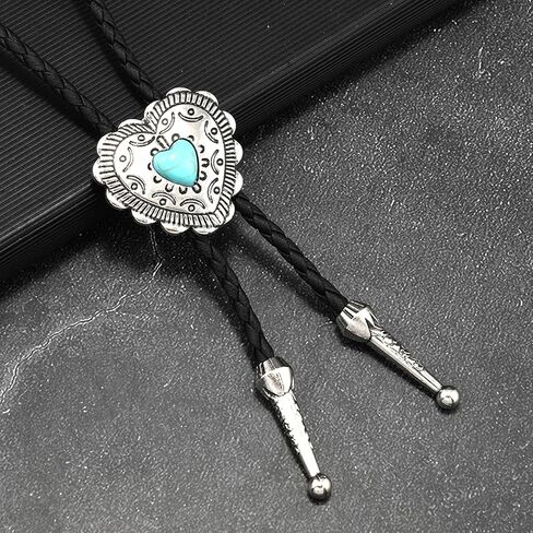 Western Cowboy Bolo Tie Men Leather Necktie Leather Cord Gold Halloween Ties Accessories for Men Women (Love Bolo Tie Silver) in Saudi Arabia