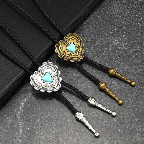 Western Cowboy Bolo Tie Men Leather Necktie Leather Cord Gold Halloween Ties Accessories for Men Women (Love Bolo Tie Silver) in Saudi Arabia