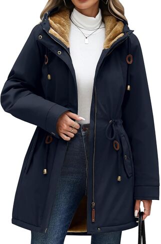 سترة Yusongirl Parka للسيدات مقاومة للماء ومبطنة بالصوف ومعطف شتوي دافئ مع جيوب للتنقل اليومي والخارجي in Kuwait