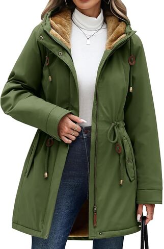 سترة Yusongirl Parka للسيدات مقاومة للماء ومبطنة بالصوف ومعطف شتوي دافئ مع جيوب للتنقل اليومي والخارجي in Kuwait