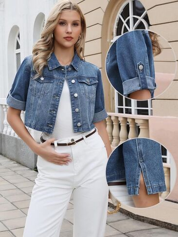 Allegra K Womens Denim Jacket Rolled Sleeve 2026 Button Down Crop Jean Jackets in Kuwait