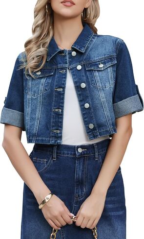 Allegra K Womens Denim Jacket Rolled Sleeve 2026 Button Down Crop Jean Jackets in Kuwait