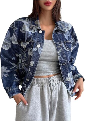 WDIRARA Women's Floral Print Button Down Denim Jacket Long Sleeve Outerwear in Saudi Arabia