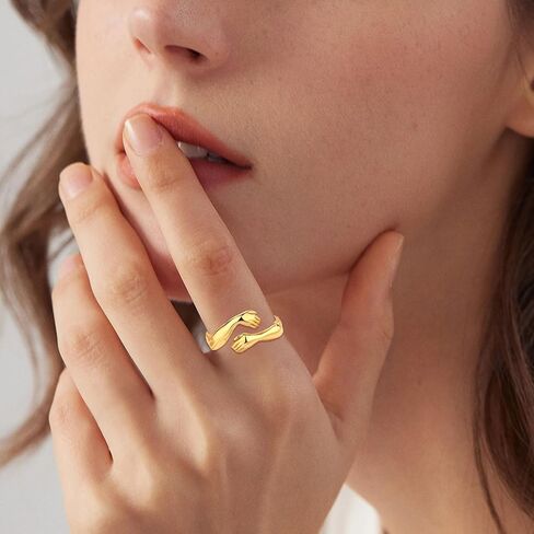 EUDORA Heart Hug Rings for Women Men S925 Sterling Silver, 18K Gold-Plated Adjustable Hugging Hands Open Ring Pinky Promise Couples Bands Rings Promise Ring Jewelry Gifts for Women Men in Saudi Arabia