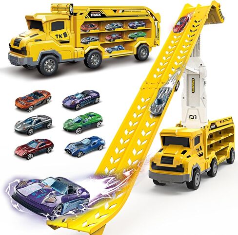 Toddler Car Truck Toys,Car Carrier Truck Toy for Kids Age 3-5 4-8,Foldable Car Track Sets with 2.8-Ft Race Track and 6 Die-Cast Race Cars, Truck Toys Gifts for 3 4 5 6 7 8+ Year Old Boys Girls(orange) in Kuwait