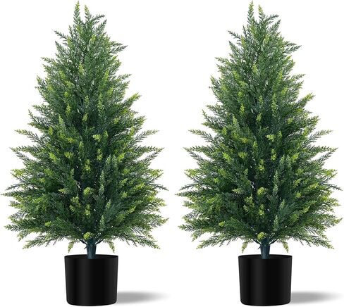 3FT Artificial Cedar Topiary Tree with Pot, Set of 2 Fake Evergreen Tree for Indoor Home Christmas Decor Outdoor Garden Porch Decor in Kuwait