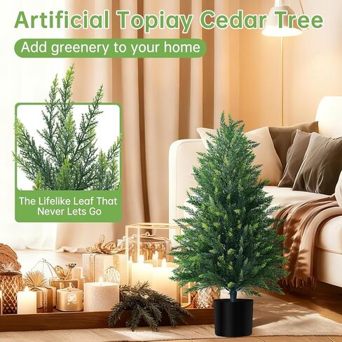 3FT Artificial Cedar Topiary Tree with Pot, Set of 2 Fake Evergreen Tree for Indoor Home Christmas Decor Outdoor Garden Porch Decor in Saudi Arabia