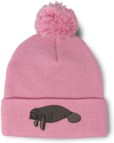 Speedy Pros Pom Pom Beanies for Women Manatee Embroidery Skull Cap Winter Hats for Men Acrylic One Size in Saudi Arabia
