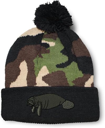 Speedy Pros Pom Pom Beanies for Women Manatee Embroidery Skull Cap Winter Hats for Men Acrylic One Size in Saudi Arabia