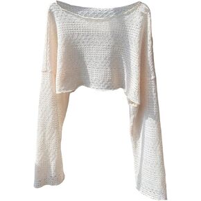 SHENHE Women's Plus Size Shrug Sweater Bell Sleeve Boat Neck Loose Knitted Crop Sweaters in Saudi Arabia