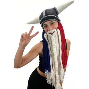 YEKEYI Knitted Viking Hat with Horns Beard Hats Ski Funny Mask Beanie Handmade Knit Wig Hat in Saudi Arabia