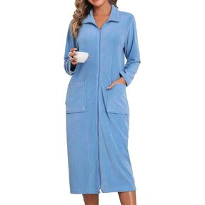 Fleece Robes For Women Zipper Nightgown Long Bathrobe Lightweight Housecoat With Pockets S-3XL in Saudi Arabia